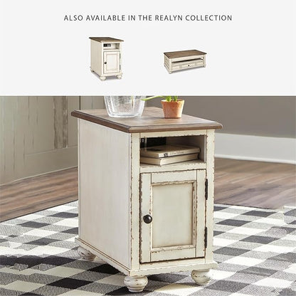 Signature Design by Ashley Realyn French Country Chair Side End Table, Cabinet Storage with Shelf, Outlets and USB Ports, Wood, 14" W x 24" D x 23.13" H, Cream