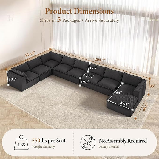 Vesgantti 204.7" Oversized Boneless Sectional Couch, Modern 9 Seater Modular Sofa with Chaise, Deep Seat Convertible Corduroy Cloud Couches for Living Room, No Assembly Required, Black