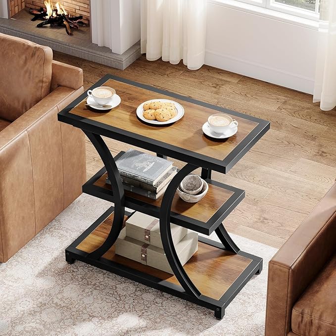 Tribesigns End Table with Storage, 3-Tier Side Table with Geometric Metal Design, Industrial Nightstand for Small Spaces, Living Room, Bedroom, Study Room (1, Rustic Brown)