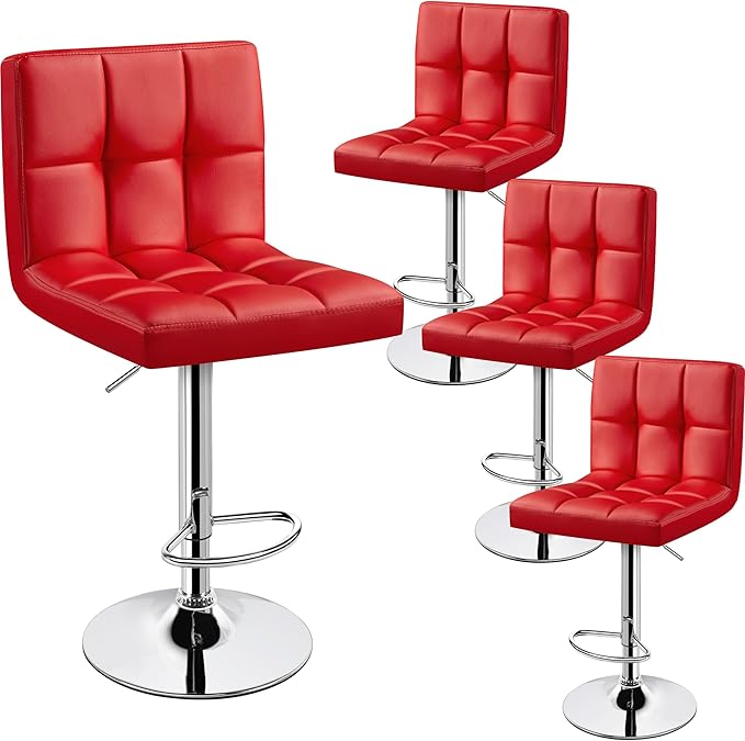 Yaheetech Bar Stools Set of 4, Adjustable PU Leather Swivel Barstools, Modern Counter Stools with Back and Footrest, Counter Height Barstools for Bar, Kitchen, Dining Room, Red