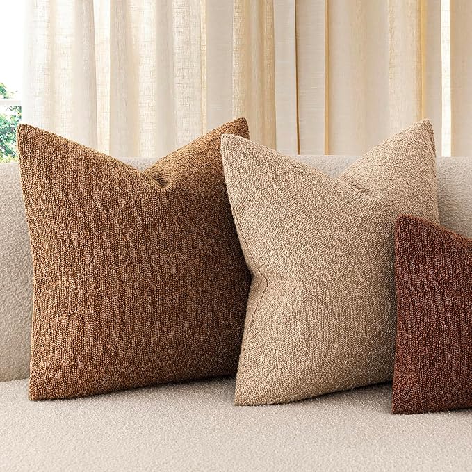 Foindtower Set of 2, Decorative Textured Boucle Throw Pillow Covers Accent Solid Pillow Cases Neutral Soft Cozy Couch Cushion Case for Chair Sofa Bedroom Living Room Home Decor 16x16 Inch Hazel Brown