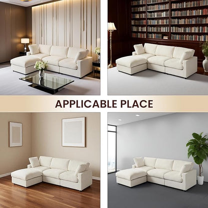 WJShome Modular Sectional Cloud Couch Modern L Shaped Sofa with Ottoman, 100 Inch 3-Seat Chenille Deep Seat Couches for Living Room, Bedroom and Apartment，Beige