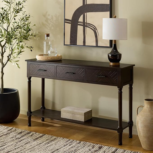 SAFAVIEH Home Collection - Peyton Dark Chocolate Console Table with 3 Drawers and 1 Shelf, Farmhouse Accent Entryway Table (CNS5705E)