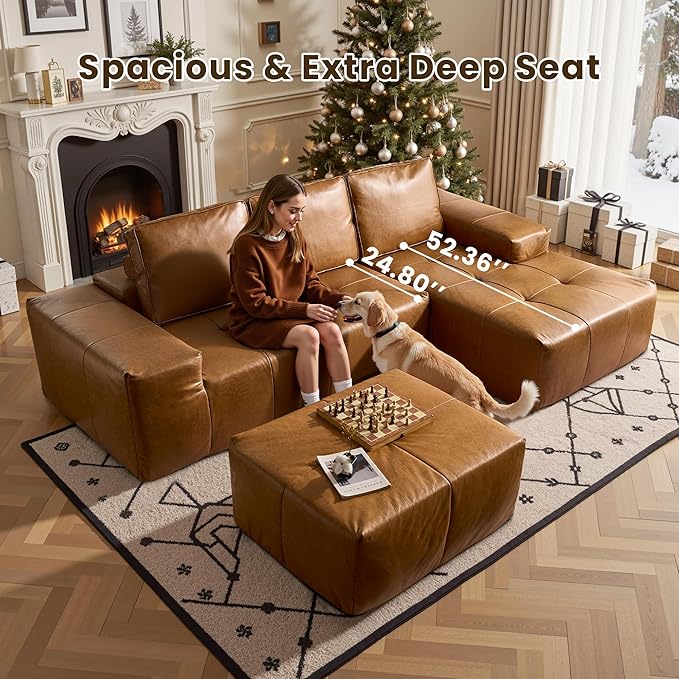114" Cloud Sectional Couch with L-Shape Chaise & Ottoman, Modern Boneless Couches for Living Room, Fluffy Tufted Deep Seat Modular Sofa No Assembly (Faux Leather,Brown,Right Facing)