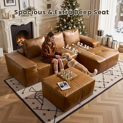 114" Cloud Sectional Couch with L-Shape Chaise & Ottoman, Modern Boneless Couches for Living Room, Fluffy Tufted Deep Seat Modular Sofa No Assembly (Faux Leather,Brown,Right Facing)