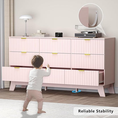 Fluted 9 Drawer Dresser, 57.1" Wide Modern Boho Chest of Drawers, Wooden Storage Dresser TV Stand for Bedroom, Living Room, Closet, Hallway, Curved Profile Design