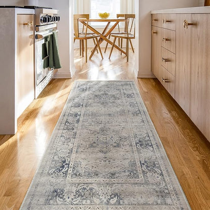 RUGGABLE Washable Vintage Runner Rug – Sarrah Blue Quartz 2.5x7, Stain-Resistant, Non-Slip Hallway Runner – Machine Washable Rug for Hallway, Entryway, Living Room & Kitchen–with Standard Pad