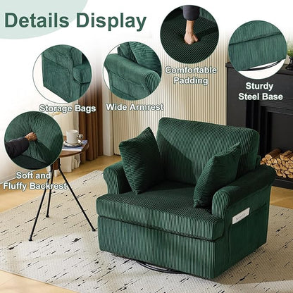 Karl home 39" Swivel Accent Chair,Oversized Seat Armchair W/2 Pillows and 4 Pockets,Modern Upholstered Corduroy Barrel Chairs,Comfy Single Sofa for Living Room,Reading,Bedroom and Office-Dark Green