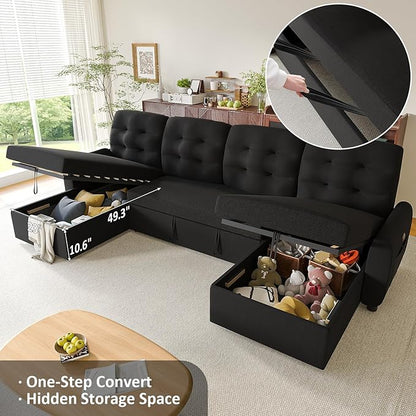 Ucloveria Sleeper Sofa Bed, 112" U Shaped Sectional Sofa Couches for Living Room, Pull Out Couch Bed with Dual Reversible Storage Chaise | Charging Station | Side Pockets | Removable Backrest