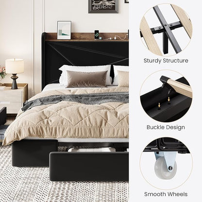 SHA CERLIN King Size Bed Frame with 3 Drawers, USB & Type-C Charging Ports, Velvet Upholstered Platform Bed with Modern Geometric Wingback Storage Headboard, No Box Spring Needed, Easy Assembly, Black