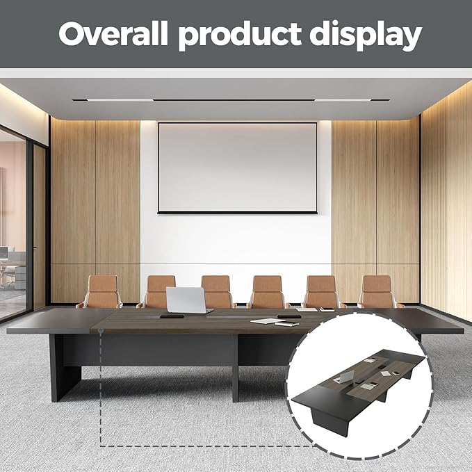 Modern Conference Table with Cable Management, Thickened Top & Trapezoidal Legs – Office Meeting Table for Executive Workspaces (Oak+Gray, 95" L