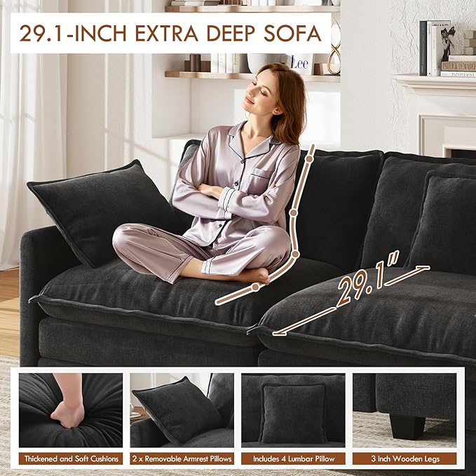 WorthFurni 146” Oversized Modular Sectional Sofa, U Shaped Cloud Couch Set, 4-Seater Comfy Chenille Couches with 2 Movable Ottomans, DIY Combination for Living Room (Black)