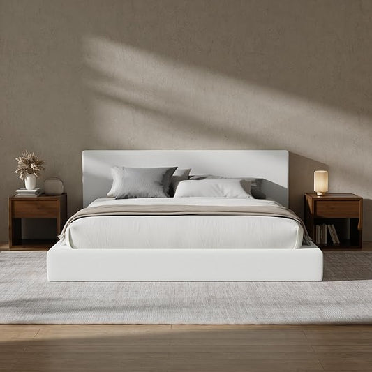 RECCI Cloud Upholstered King Bed Frame with Headboard, 5 Inch Foam Padded Platform, No Box Spring, Easy Assembly (Off-White)