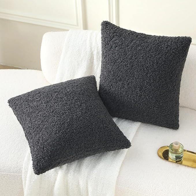 FUTEI Charcoal Throw Pillow Covers 16x16 Inch Set of 2,Furry Faux Fur Teddy Boucle Textured Cushion Covers,Soft Fluffy Decorative Pillow Case,Home Decor for Couch Bed Living Room Office Car
