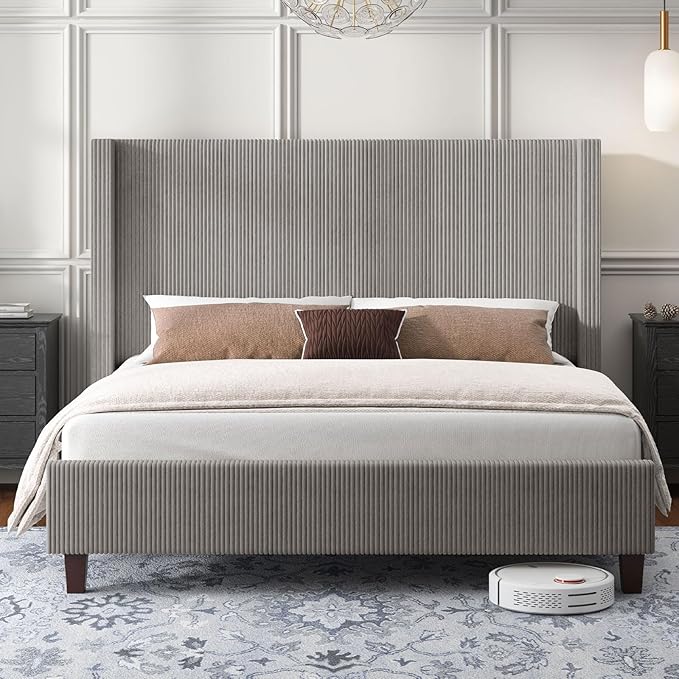 HOWE Queen Size Upholstered Platform Bed Frame, Wingback Bed with 50.8" Headboard, Corduroy/Solid Wood Leg/No Box Spring Needed/Noise Free/Taupe