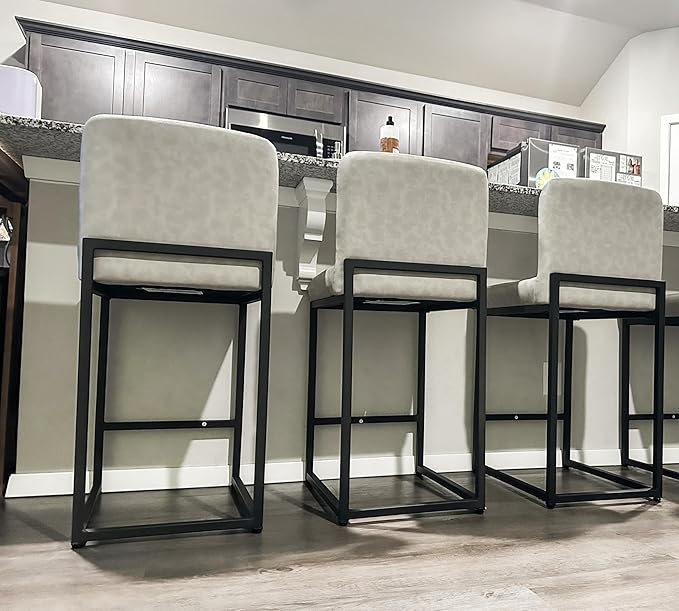 ALPHA HOME 24 Inch Bar Stools Set of 3, Kitchen Counter Stools with Backs, PU Leather Barstools, Kitchen Stools with Back&Upholstered Footrest, Sturdy Chromed Metal Steel Frame, Light Gray