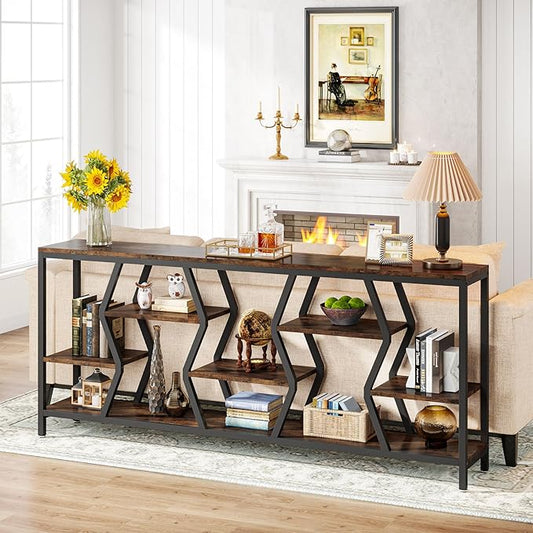 Tribesigns 70.9 Inches Sofa Console Table with 4 Tier Wood Storage Shelves, Industrial Extra Long Narrow Entryway Accent Tables for Hallway, Living Room, Foyer (Rustic Brown)