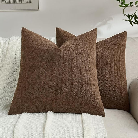 FUTEI Dark Brown Chenille Throw Pillow Covers 16x16 Inch Set of 2,Soft Striped & Diamond Textured Cushion Cases,Modern Home Decor for Couch Living Room