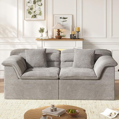 88" Sofa with Deep Seats Oversize, 3 Seater Cloud Couches, Upholstered Corduroy Couch for Living Room Bedroom, No Assembly Required, Light Gray