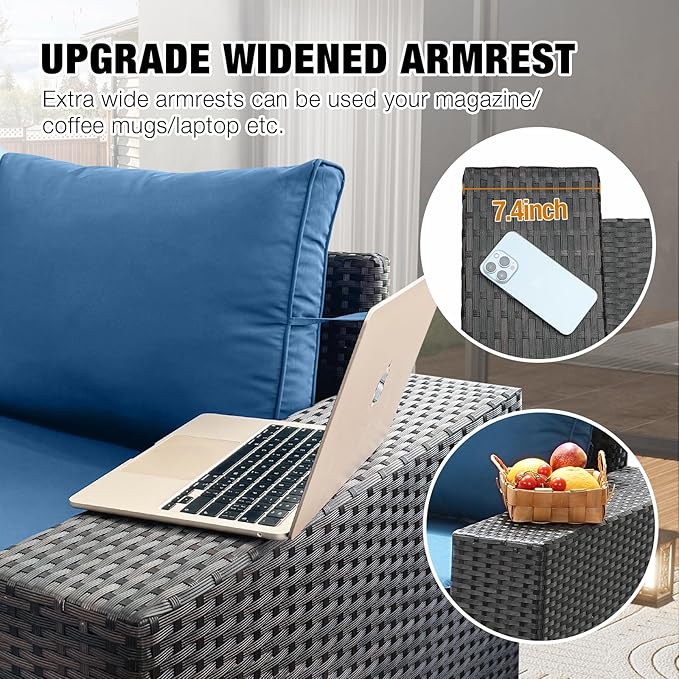 10 Pieces Patio Furniture Set All-Weather Outdoor Wicker Sectional Conversation Sofa Rattan Patio Seating Sofa with Cushion and Glass Table for Porch Poolside,Peacock Blue