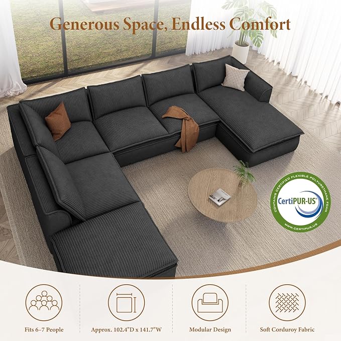 Vesgantti 141.7" Oversized Boneless Sectional Couch, Modern 7 Seater Modular Sofa with Chaise & Ottoman, Deep Seat Convertible Corduroy Cloud Couches for Living Room, No Assembly Required, Black