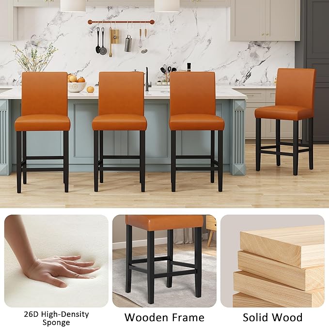 LSSPAID Counter Height Bar Stools Set of 4, 24.8 Inch Upholstered PU Leather Barstools, Modern Kitchen Island Chairs with Backrest and Solid Wood Legs, Light Brown