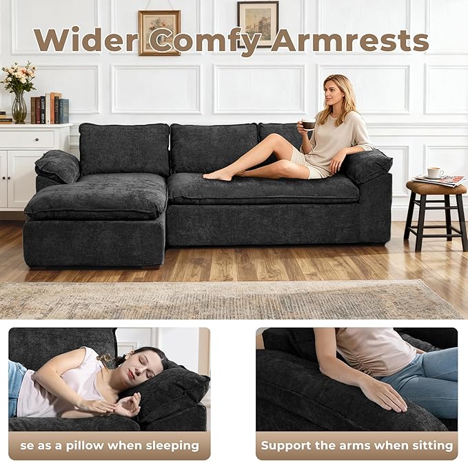 Modular Sectional Sofa, 107.5" L-Shaped Boneless Couch with Deep Seat, Modern Minimalist Upholstered Cloud Sectional Couch for Living Room Bedroom, No Assembly Required, Black Chenille