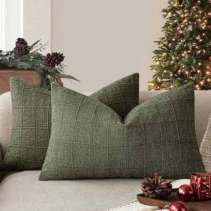 Foindtower Set of 2 Decorative Linen Check Throw Pillow Covers Neutral Farmhouse Lumbar Cushion Covers Modern Boho Home Decor for Sofa Chair Couch Bedroom Living Room,12×20 Inch,Olive Green