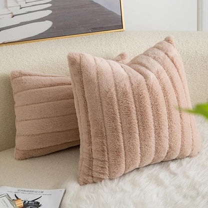 Pack of 2 Faux Fur Throw Pillow Covers 18x18 Inch Striped Decorative Soft Plush Couch Pillow Case Home Decor for Bed, Sofa, Living Room Beige