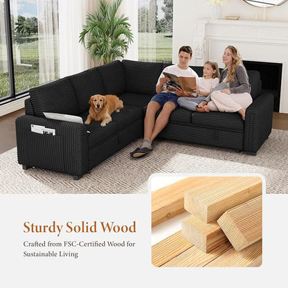 Vesgantti 88.4" Sectional Sleeper Sofa with Pull Out Bed, 5 Seater L Shaped Modular Sectional Couch with Storage, Comfy Corduroy Modular Couch for Living Room, Bedroom, Apartment, Black