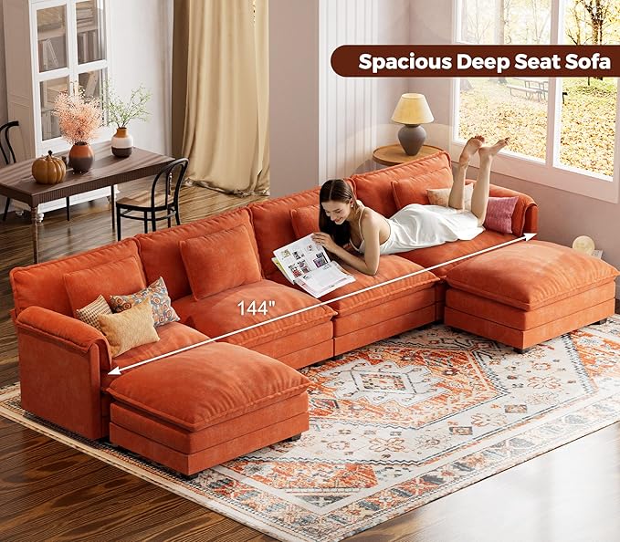 ELUCHANG 153" U Shaped Modular Sectional Cloud Couch with Pillow, Deep Seat Sofa Couches for Living Room, 6-Seat Modern Sofa with Movable Ottoman, Chenille Terracotta