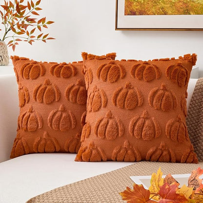 Kevin Textile Fall Pillow Covers 20x20 Inch Set of 2 Soft Pumpkins Decorative Square Pillowcases Plush Autumn Faux Fur Cushions Harvest Gift for Couch Sofa Chair Bedroom Home Decor, Brown