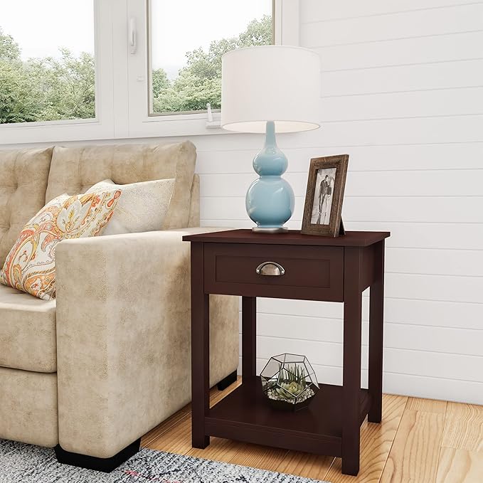 Lavish Home End Tables with Drawer - Set of 2 Sofa or Bedside Tables with Storage Shelf - Shaker Style Wooden Nightstand or Side Table Pair (Brown)
