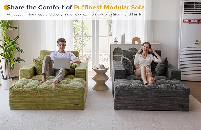 MAXYOYO Modular Sectional Chaise Lounge Sofa, Upholstered Lounge Chair with Ottoman, Comfy Couch with Layered Cushion, Tufted Upholstered Sleeper Chair for Living Room, No Assembly, Green