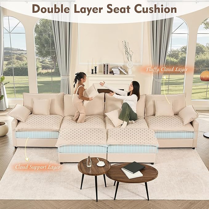 142.5" U Shaped Couch, Modular Sectional Sofa, 3-Seater Comfy Cloud Couch with Movable Ottoman, Deep Seat Couches for Living Room, Linen, Beige