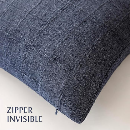 Foindtower Set of 2 Decorative Linen Check Throw Pillow Covers Neutral Farmhouse Vintage Cushion Covers Modern Boho Home Decor for Sofa Chair Couch Bedroom Living Room,16×16 Inch,Navy Blue