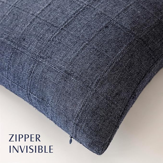 Foindtower Set of 2 Decorative Linen Check Throw Pillow Covers Neutral Farmhouse Vintage Cushion Covers Modern Boho Home Decor for Sofa Chair Couch Bedroom Living Room,18×18 Inch,Navy Blue