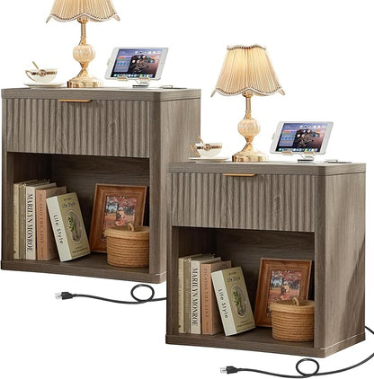 LEYAOYAO Fluted Farmhouse Nightstand Set of 2 with Charging Station, 23" Wide 1 Drawers End Table,Grey Dresser for Bedroom,Bed Side Table Chest of Drawers Cabinet,Wood Night Stand for Living Room