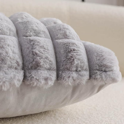 Neelvin Grey Faux Fur Cozy Soft Plaid Decorative Throw Pillow Covers 24x24 inch Set of 2,Velvet Pillowcase Cushion Case for Sofa Couch