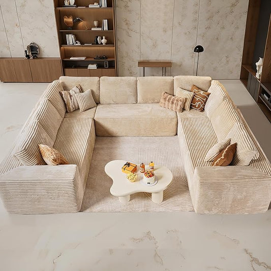 Cloud Sectional Couch with Loveseat, Boneless U-Shaped Cloud Couch with Deep Seat, Soft Plush Modern Minimalist Sofa, Assembly Free Modular Floor Sofa for Office Living Room Apartment, Beige