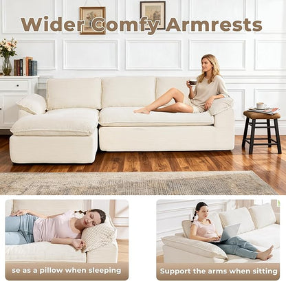 Modular Sectional Sofa, 107.5" L-Shaped Boneless Couch with Deep Seat, Modern Minimalist Upholstered Cloud Sectional Couch for Living Room Bedroom, No Assembly Required, Beige Corduroy