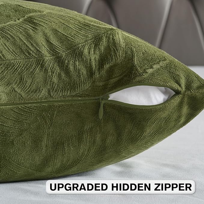 FUTEI Moss Green Velvet Throw Pillow Covers 12x20 Inch Set of 2,Soft Embossed Leaf-Relief Textured Lumbar Pillow Cases,Natural Home Decor for Couch Living Room