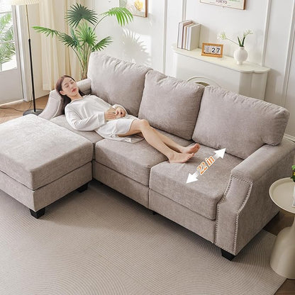 85'' L Shaped Couch with Armrest Organizer,Comfy 3 Seats Sofa with Storage Ottoman,Chenille Sectional Couches for Living Room,Bedroom,Apartment,Sofa Set with Oversized Chair,Khaki