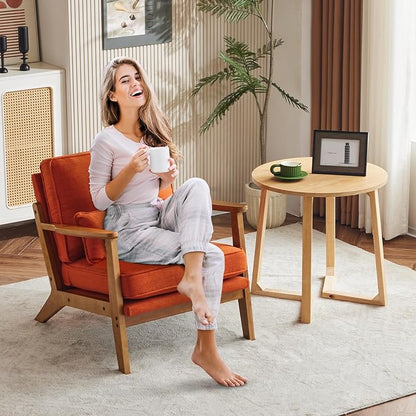 Karl home Accent Chair Wide Armrest Mid-Century Lounge Chair Linen Fabric Armchair with Lumbar Pillow & Solid Wood Frame for Living Room, Bedroom, Balcony, Burnt Orange