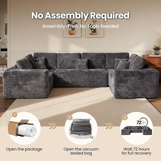 Cloud Sectional Couch with Loveseat, Boneless U-Shaped Cloud Couch with Deep Seat, Soft Plush Modern Minimalist Sofa, Assembly Free Modular Floor Sofa for Office Living Room Apartment, Grey
