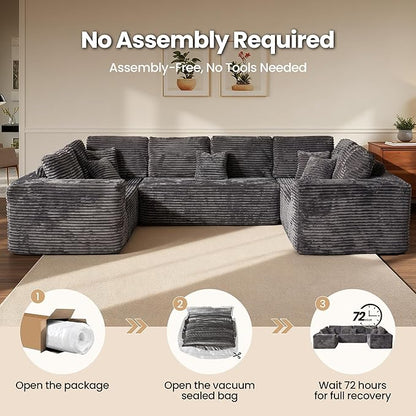 Cloud Sectional Couch with Loveseat, Boneless U-Shaped Cloud Couch with Deep Seat, Soft Plush Modern Minimalist Sofa, Assembly Free Modular Floor Sofa for Office Living Room Apartment, Grey