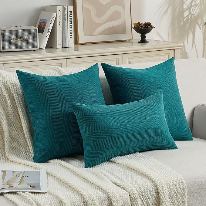 FUTEI Teal Chenille Throw Pillow Covers 16x16 Inch Set of 2,Soft Wide Chevron Textured Cushion Case,Farmhouse Home Decor for Couch Bed Living Room