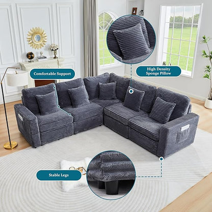 Oversized Corner Modular Sectional Sofa, L Shape Plush Corduroy Fluffy Sectional Couch with Pillows, 5 Seat Modular Sofa with Deep Seat for Living Room-Blue Grey