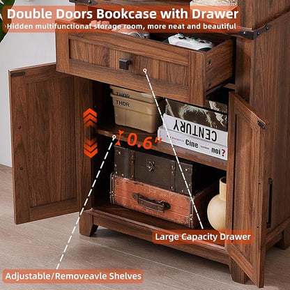 72in Tall Bookshelf 7 Tier Bookcase with Drawer and Barn Doors and Adjustable Shelves, Brown Farmhouse Book Shelf with Storage Cabinet, Wood Freestanding Display Bookshelves for Kitchen (3PCS)