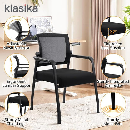 4PK Office Guest Chairs No Wheels | Ergonomic Lumbar Support and Thicked Seats Cushion, Desk Chair with Adjustable Mesh Back for Waiting Room School Church Reception，Black